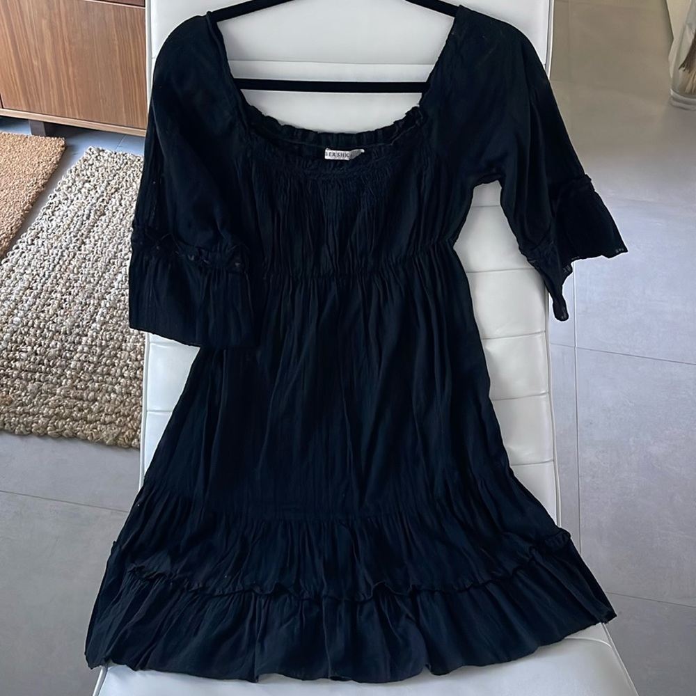 Bershka women small black linen alike dress 3/4 sleeve loose fit beach summer